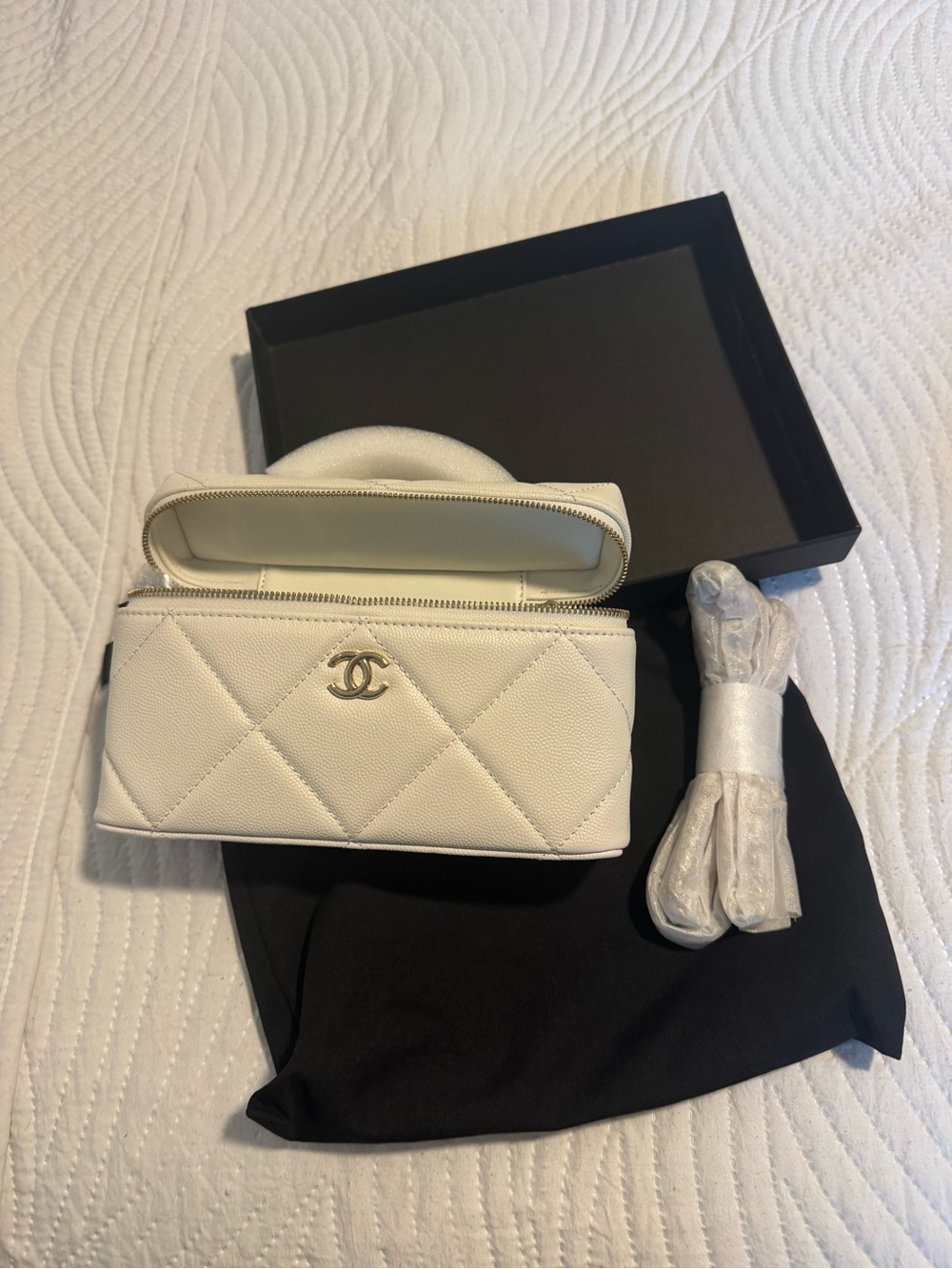 Chanel White Quilted Vanity Pouch with CC Charm